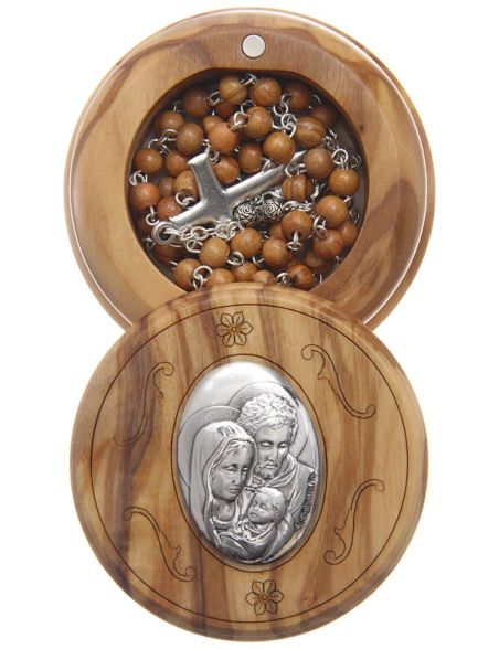 Caja de olivo imagen Sagrada Familia con rosario de madera 5 mm