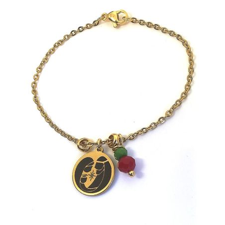 Pulsera de Navidad · Sagrada Familia (Medalla Acero inox dorado 1,5cm, cadena y abalorios)