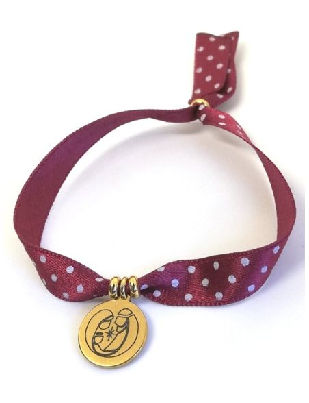 Pulsera de Navidad · Sagrada Familia (Medalla Acero inox dorado 1,5cm, cinta topitos rojos)