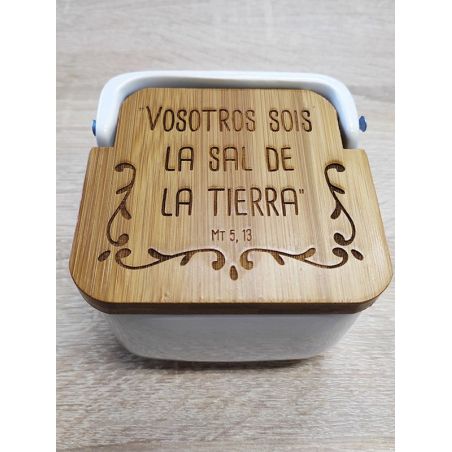 Tarro de cerámica · Vosotros sois la sal de la tierra (tapa madera)